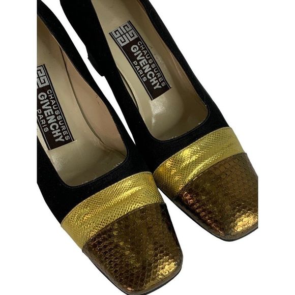 Givenchy 7.5 B Italy Vintage Square Toe Block Heel Shoes Pumps Metallic 6217 - Picture 2 of 11